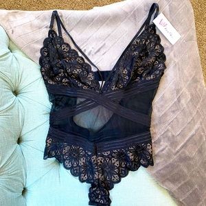Black lace and striped bodysuit / teddy, size large, NEW with tags, sexy & fun